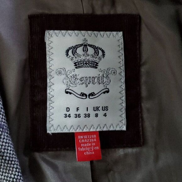 Vtg Y2K Esprit Wool Riding Blazer Coat 4 Single Breasted Plaid Herringbone Brown - Picture 5 of 6